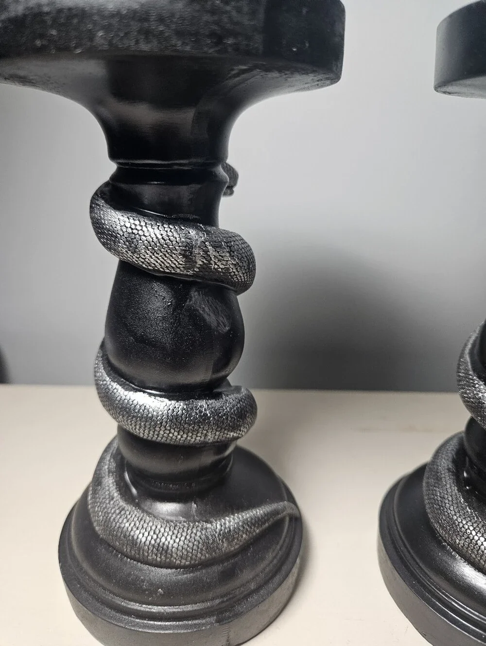 Gothic Black & Silver Snake Candlestick Holders - Set of 2 Coiled Serpent Decor